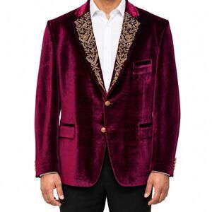 Mens 46R Burgundy Velvet Blazer Hand Embroidered Beaded Floral Wedding Tuxedo